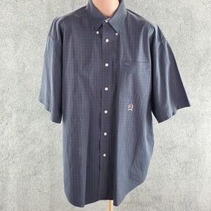 Tommy Hilfiger‎ Shirt Mens XL Navy Green Plaid Short Sleeve Button Front Crest